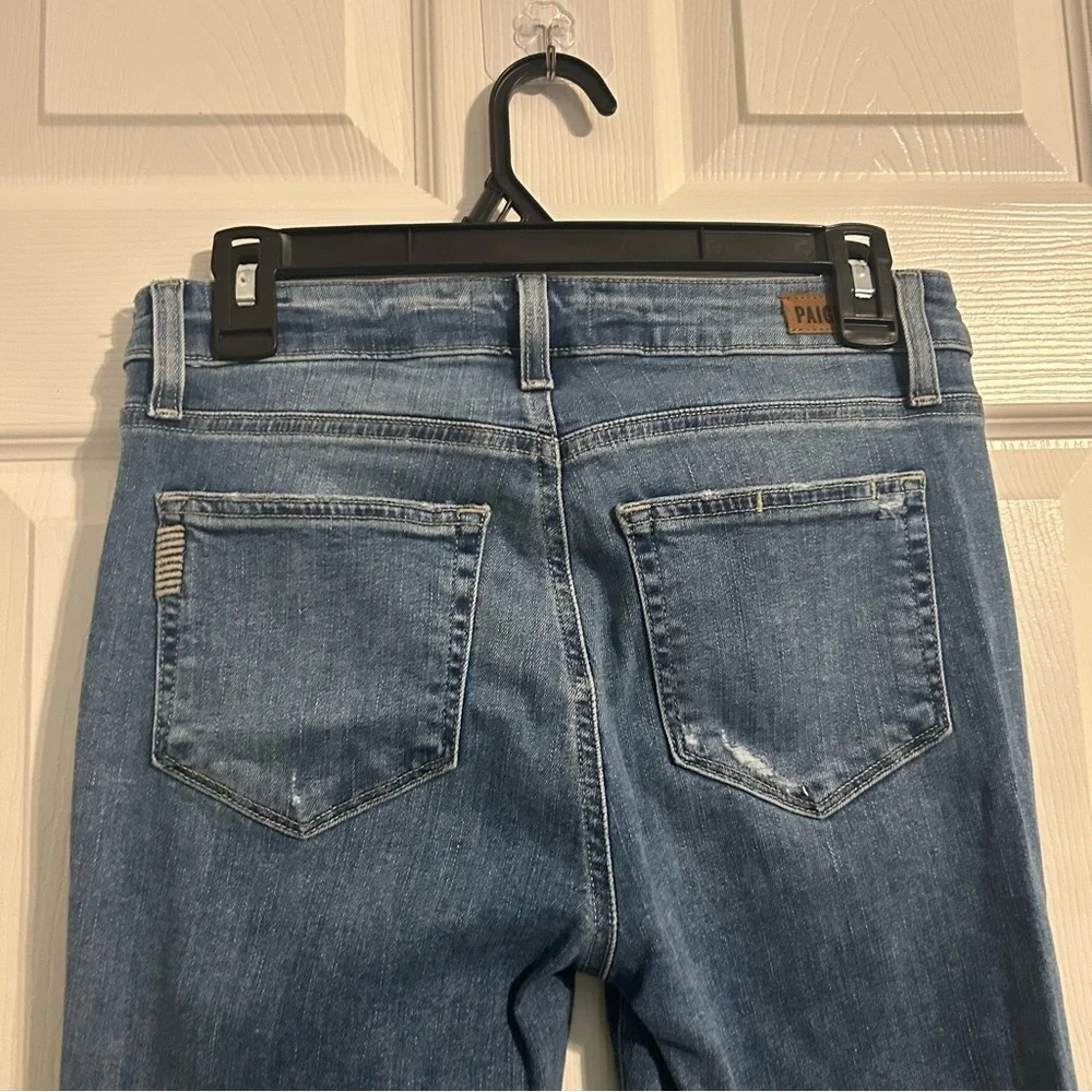 Paige Dark Wash Blue Skinny Crop Jeans Raw Distressed Hem